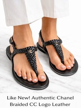 Like New! Authentic Chanel Braided CC Logo Leather  Thong Sandals Size EU 37